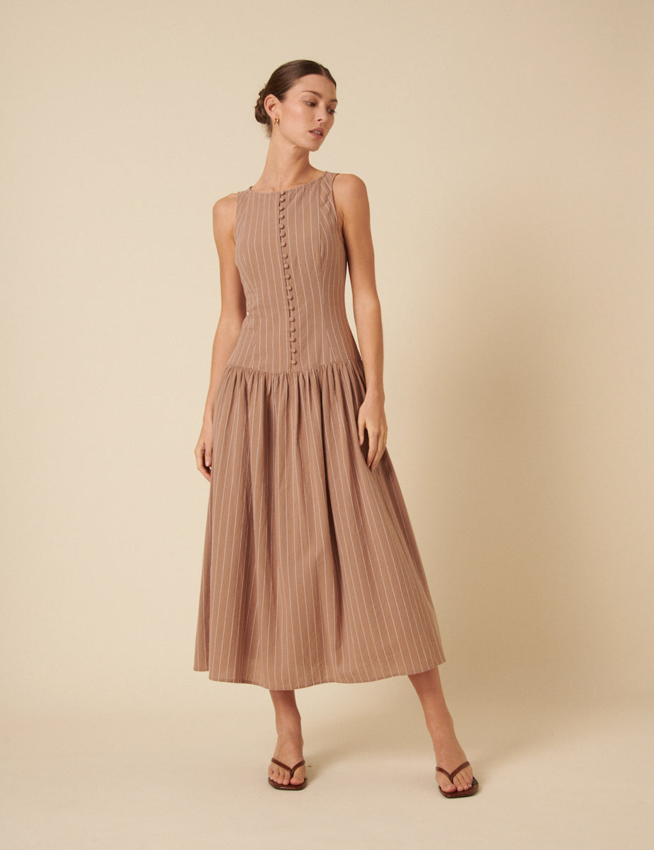 Stone Pinstripe Drop Waist Claudia Midi Dress