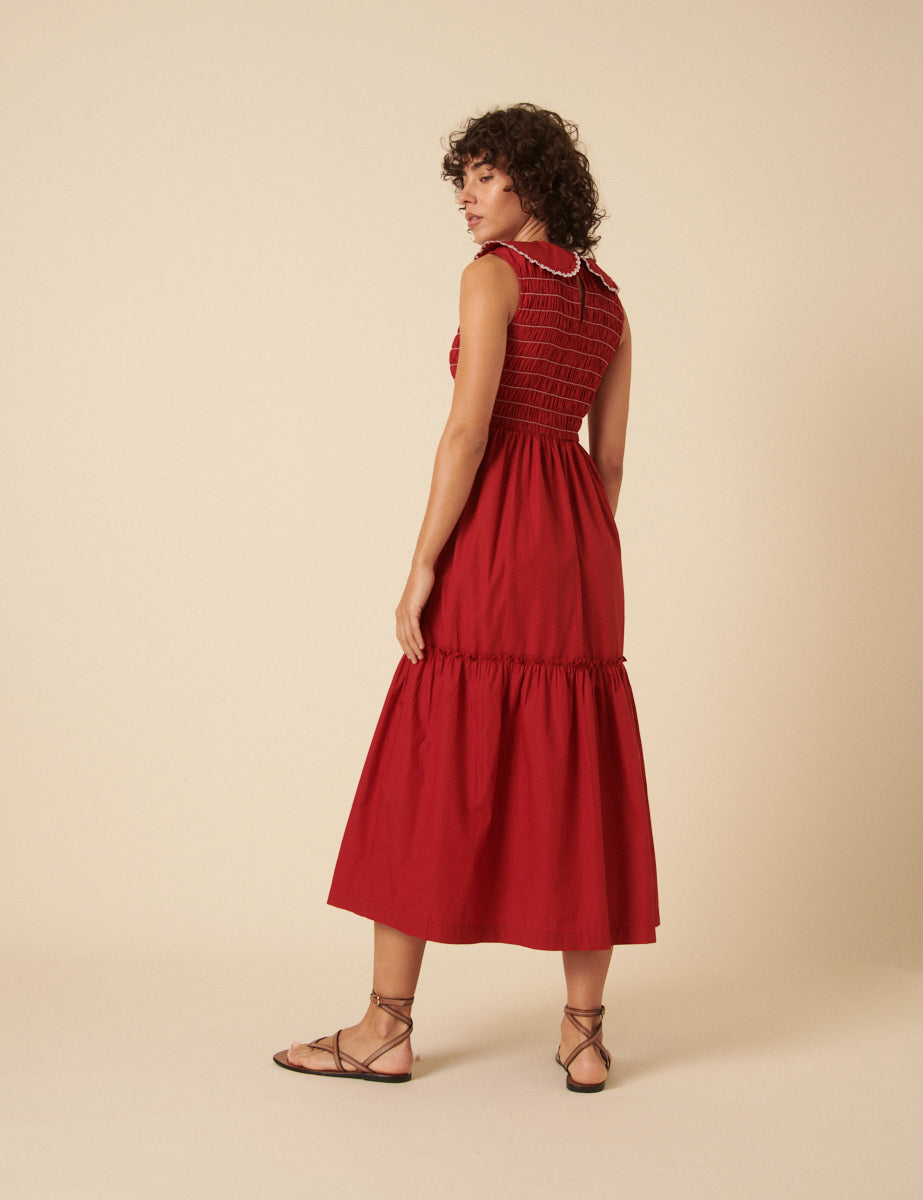 Red Ruched Collar Tiered Teresa Midi Dress