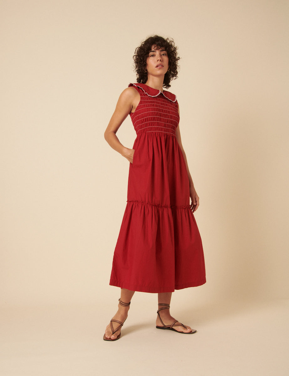 Red Ruched Collar Tiered Teresa Midi Dress