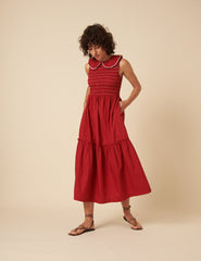 Red Ruched Collar Tiered Teresa Midi Dress