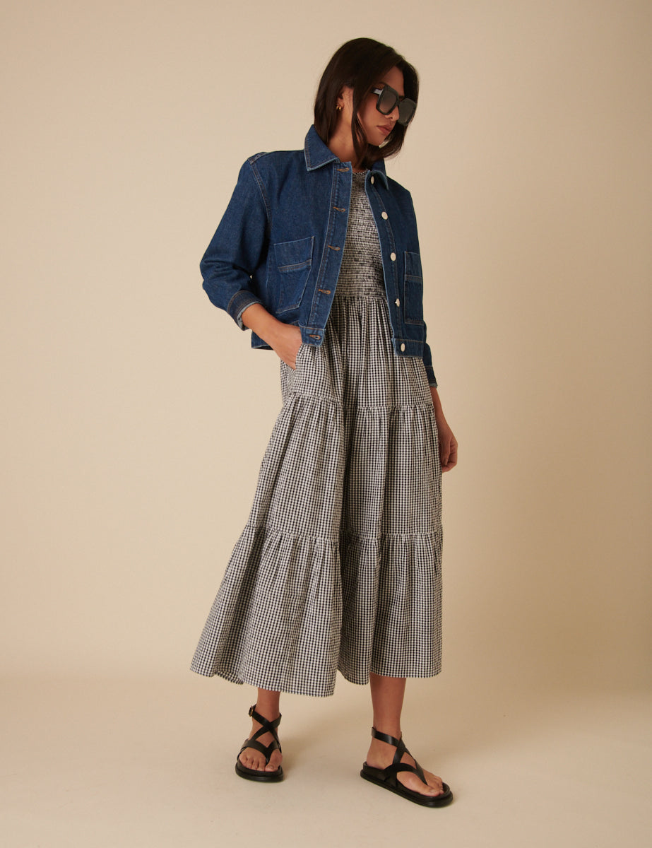 Black Gingham Sleeveless Tiered Charlie Midi Dress