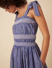 Blue Striped Ruched Marissa Midi Dress
