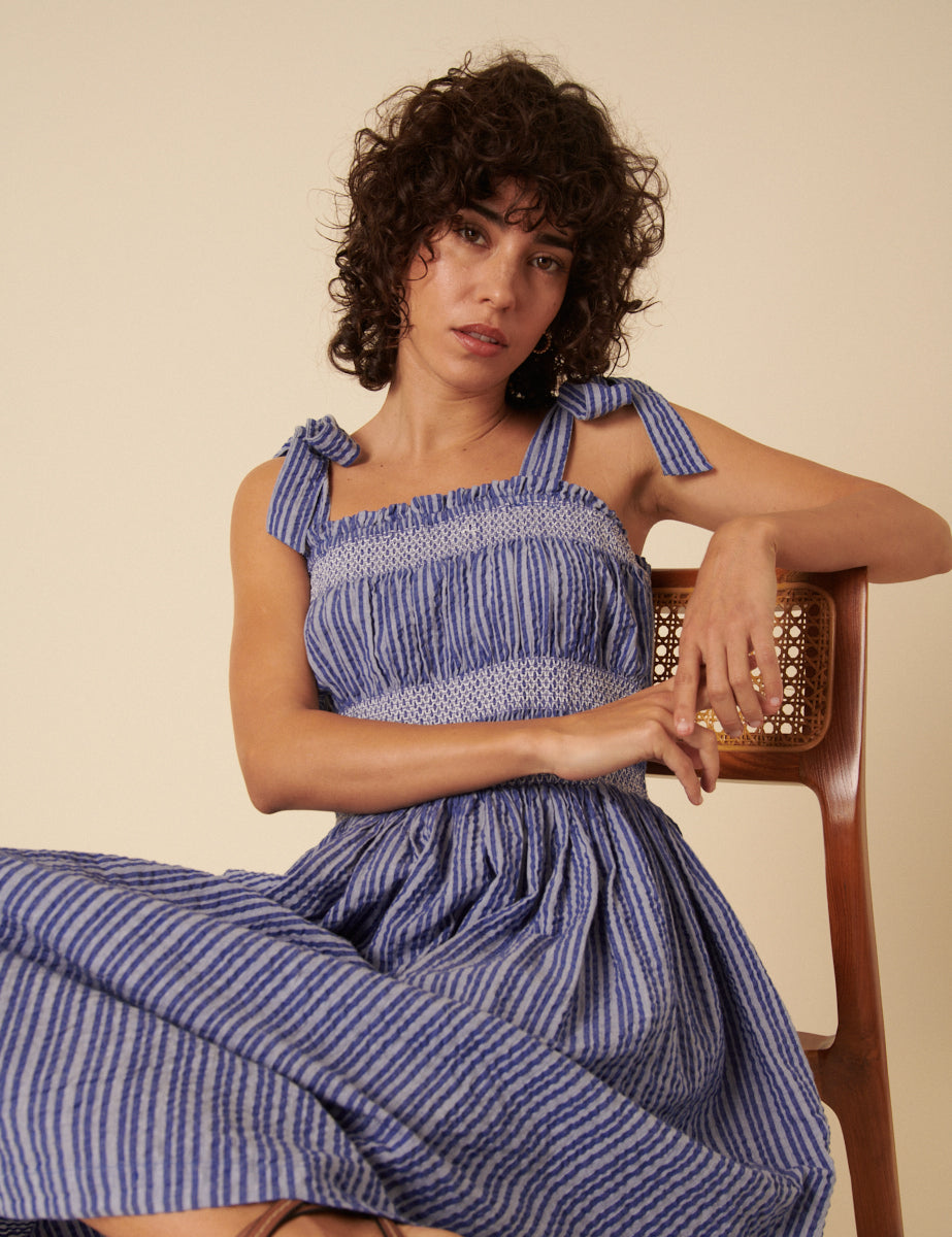 Blue Striped Ruched Marissa Midi Dress