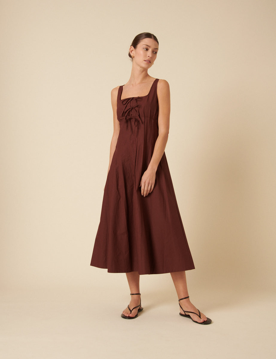 Brown Tie Front Penelope Midi Dress