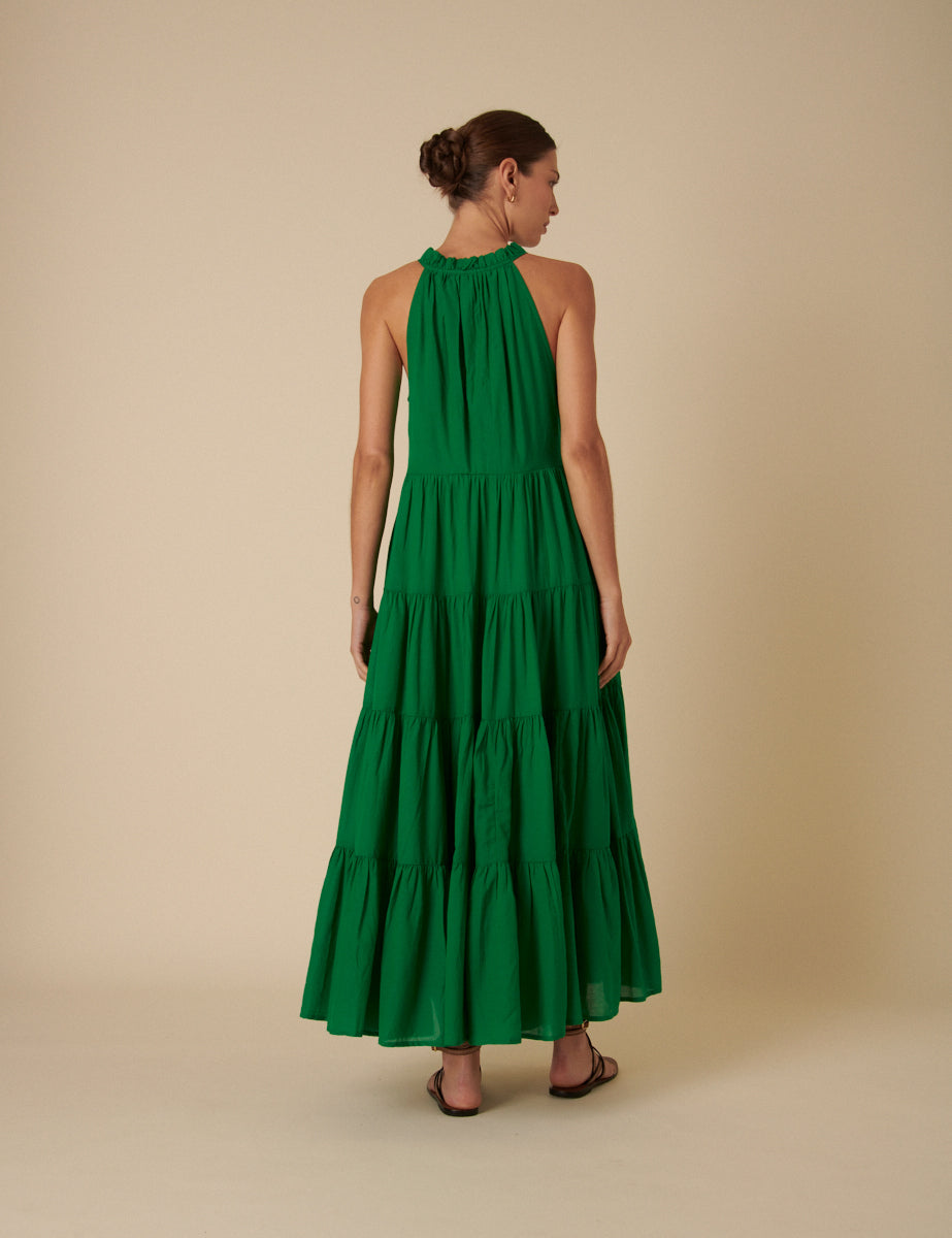 Green Tie-Front Tiered Eileen Midi Dress