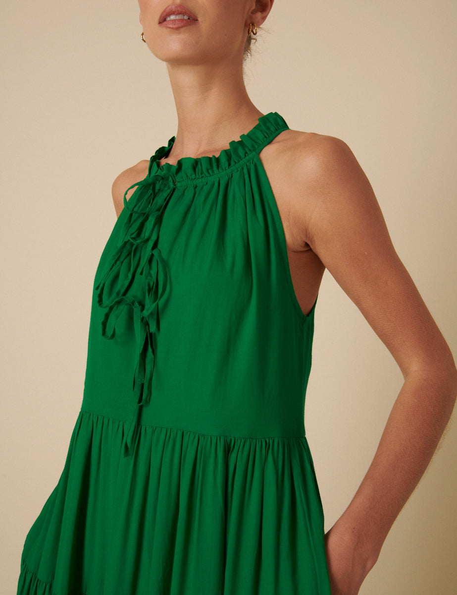 Green Tie-Front Tiered Eileen Midi Dress