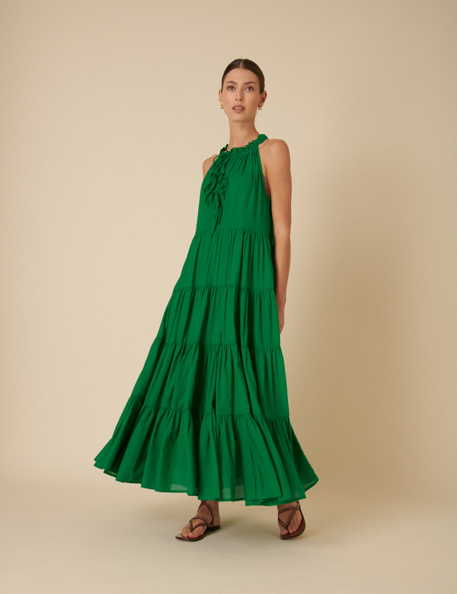 Green Tie-Front Tiered Eileen Midi Dress