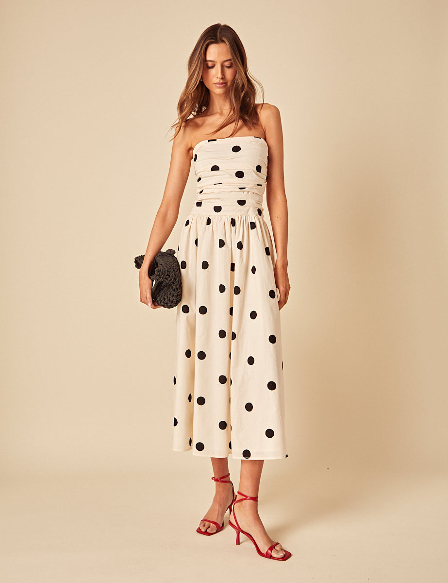 White Polka Dot Bandeau Felicity Midi Dress