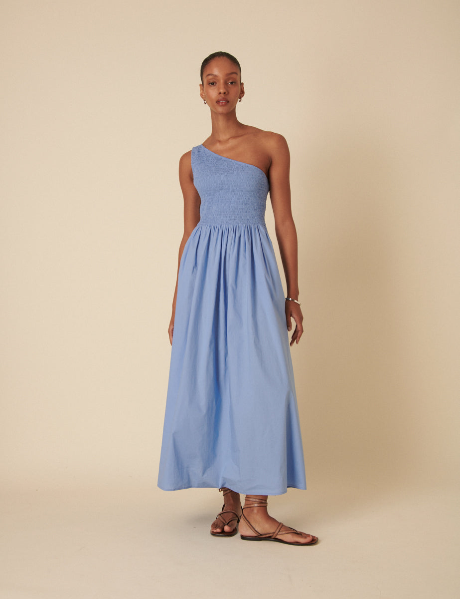Blue One Shoulder Georgia Midi Dress