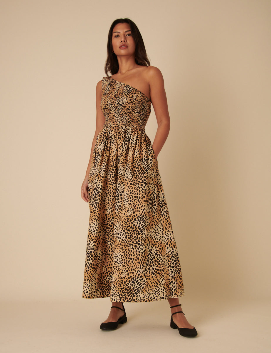 Leopard Print One Shoulder Georgia Midi Dress