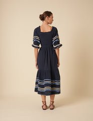 Navy Ruched Contrast Trim Rhett Midi Dress