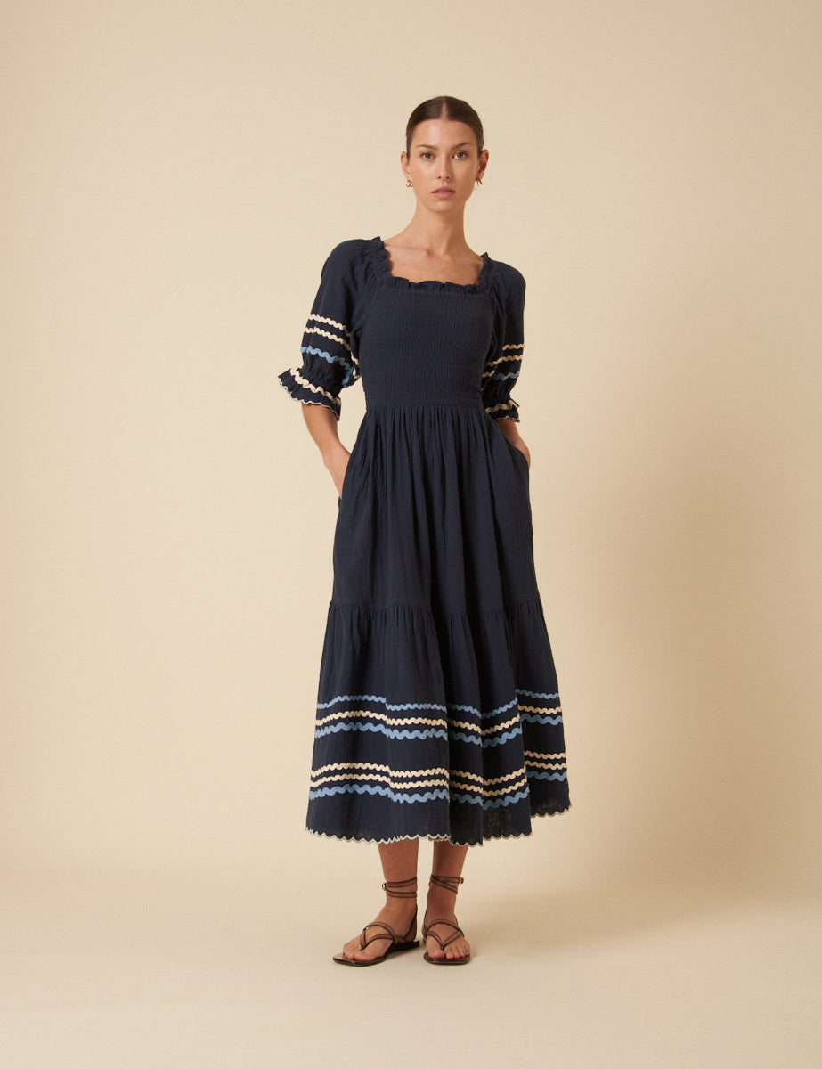 Navy Ruched Contrast Trim Rhett Midi Dress