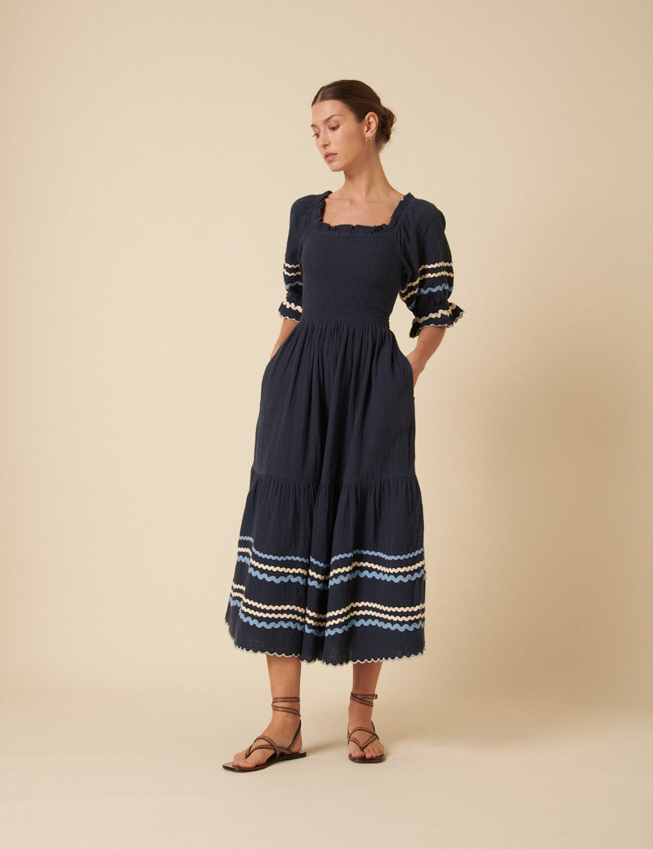 Navy Ruched Contrast Trim Rhett Midi Dress