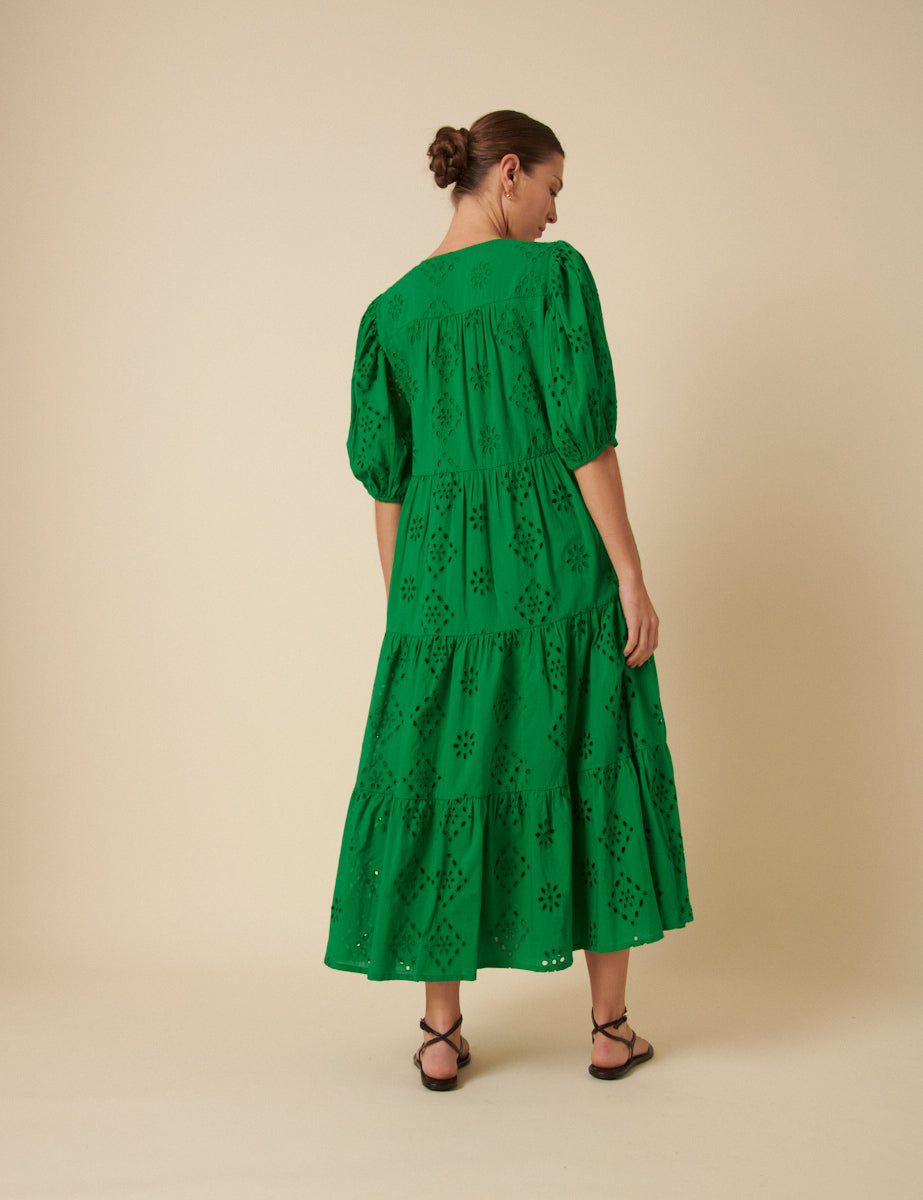 Green Broderie Anglaise Tiered Lee Midi Dress