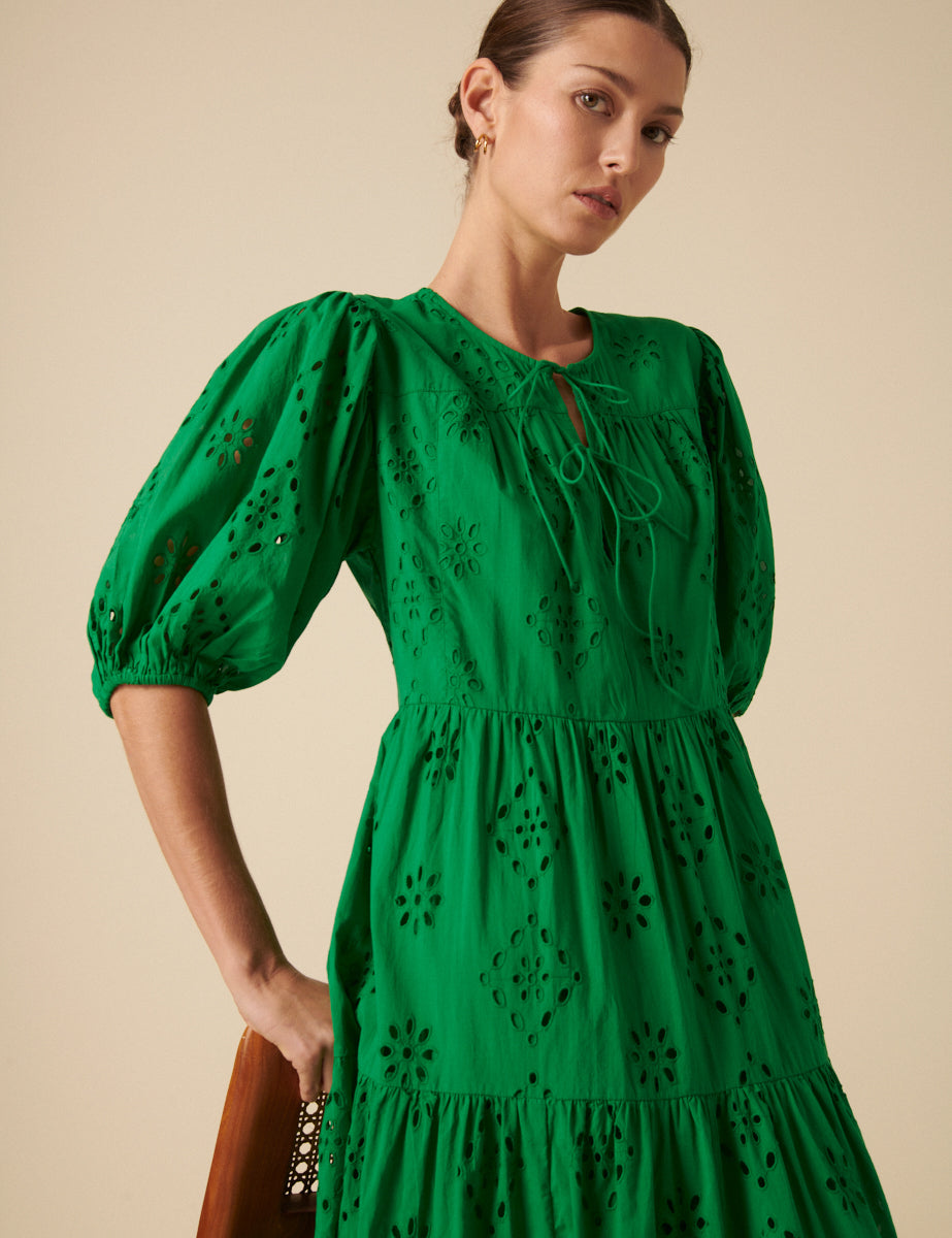 Green Broderie Anglaise Tiered Lee Midi Dress