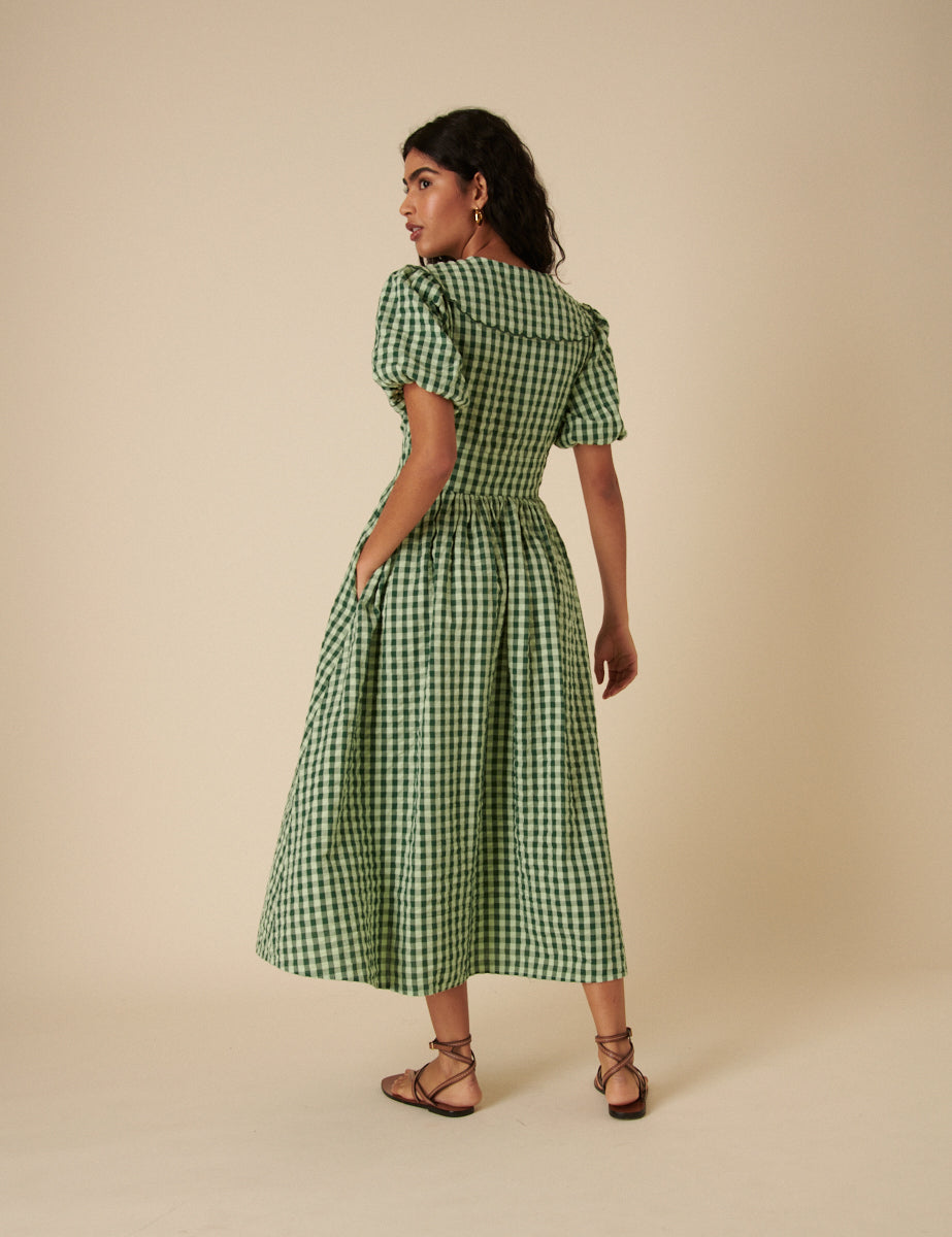 Green Gingham Birdie Midi Dress