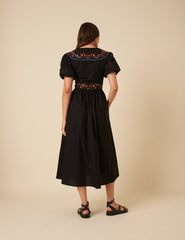 Black Floral Embroidered Birdie Midi Dress