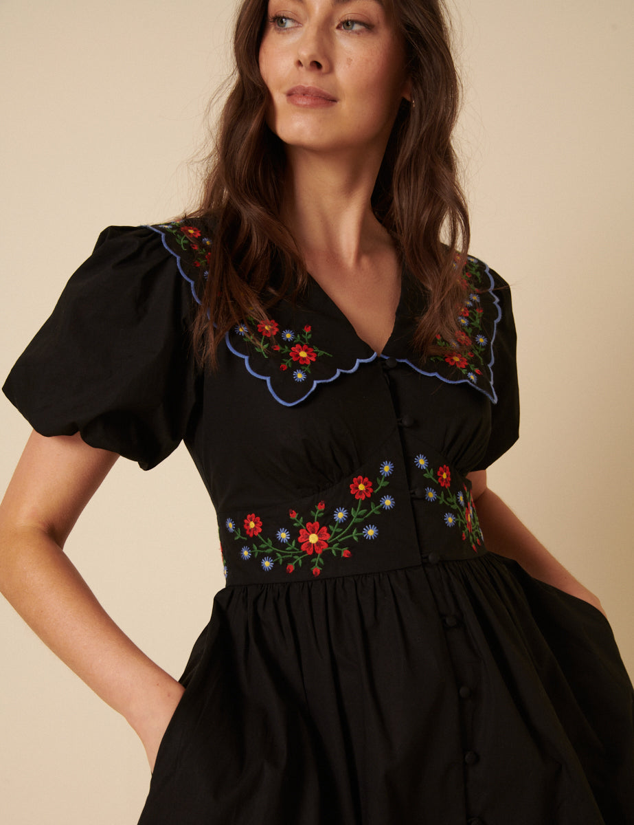 Black Floral Embroidered Birdie Midi Dress
