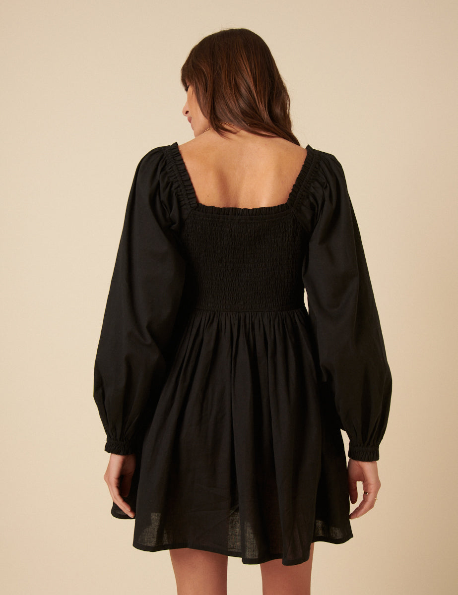 Black Shirred Long Sleeve Tasmin Mini Dress