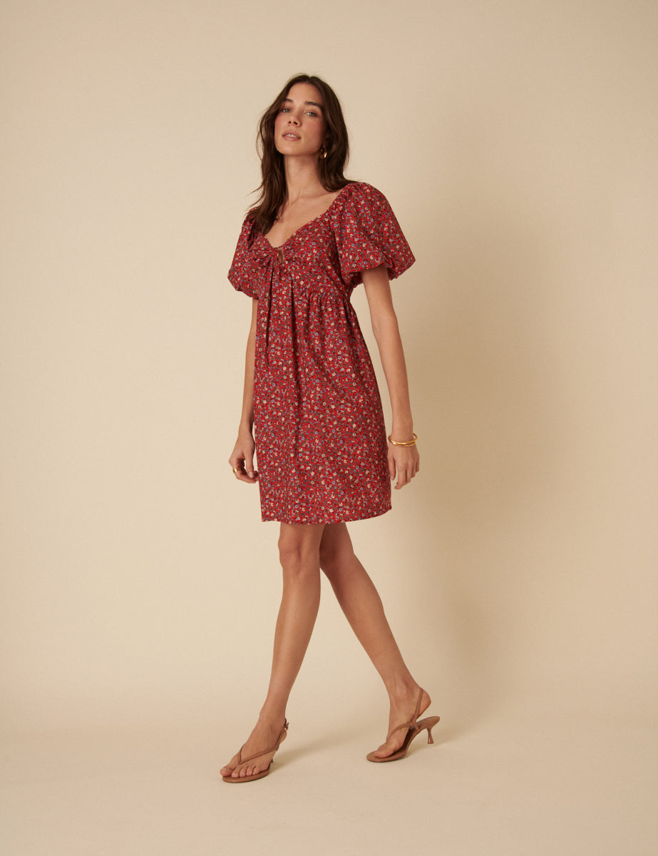 Red Ditsy Floral Puff Sleeve Joanna Mini Dress