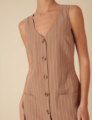 Beige Pinstripe Claudette Pinafore Mini Dress