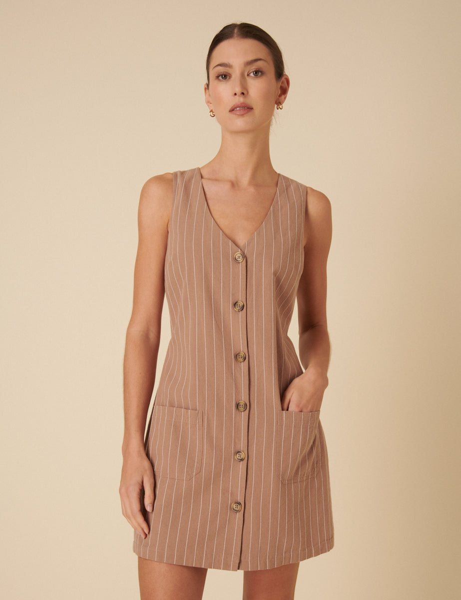 Beige Pinstripe Claudette Pinafore Mini Dress
