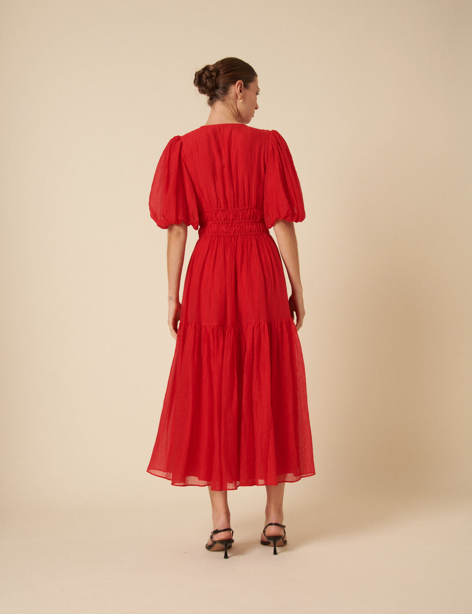 Red Puff Sleeve Brea Midi Dress
