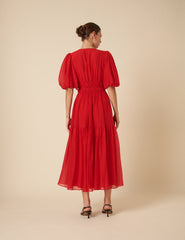Red Puff Sleeve Brea Midi Dress
