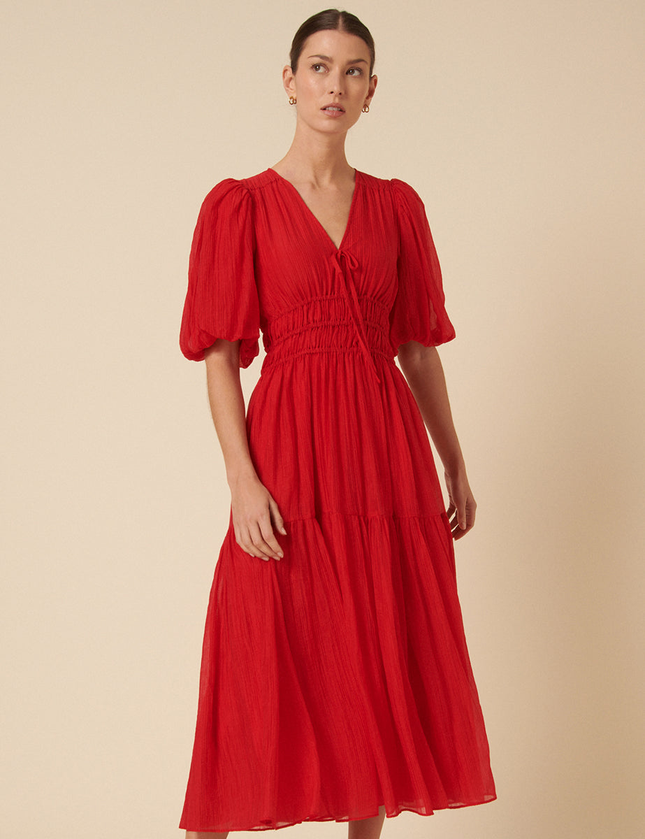 Red Puff Sleeve Brea Midi Dress