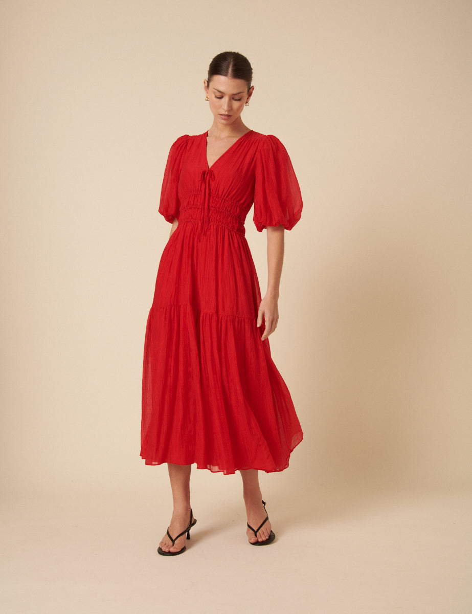 Red Puff Sleeve Brea Midi Dress