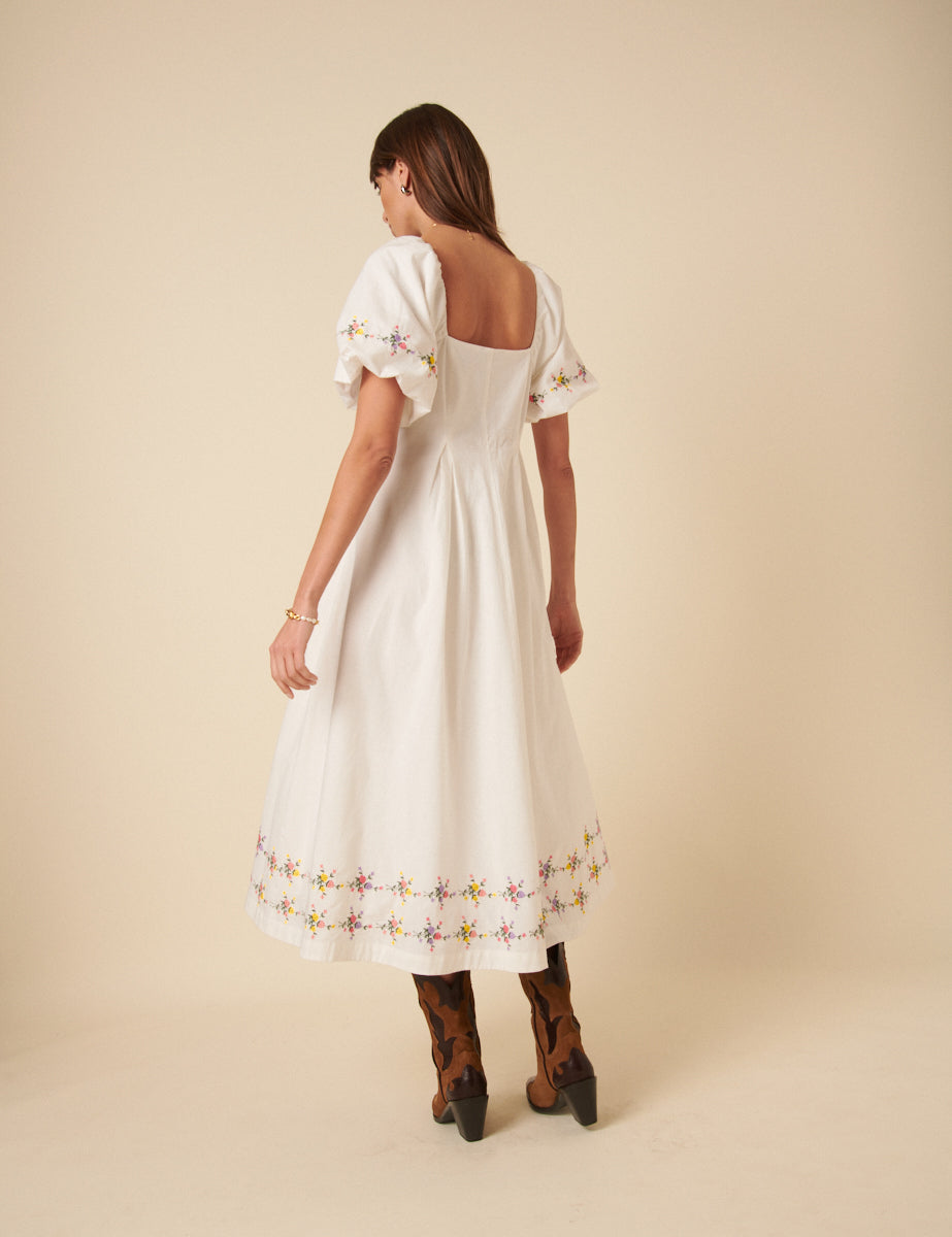White Floral Puff Sleeve Demi Midi Dress