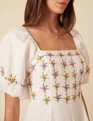 White Floral Puff Sleeve Demi Midi Dress