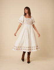 White Floral Puff Sleeve Demi Midi Dress