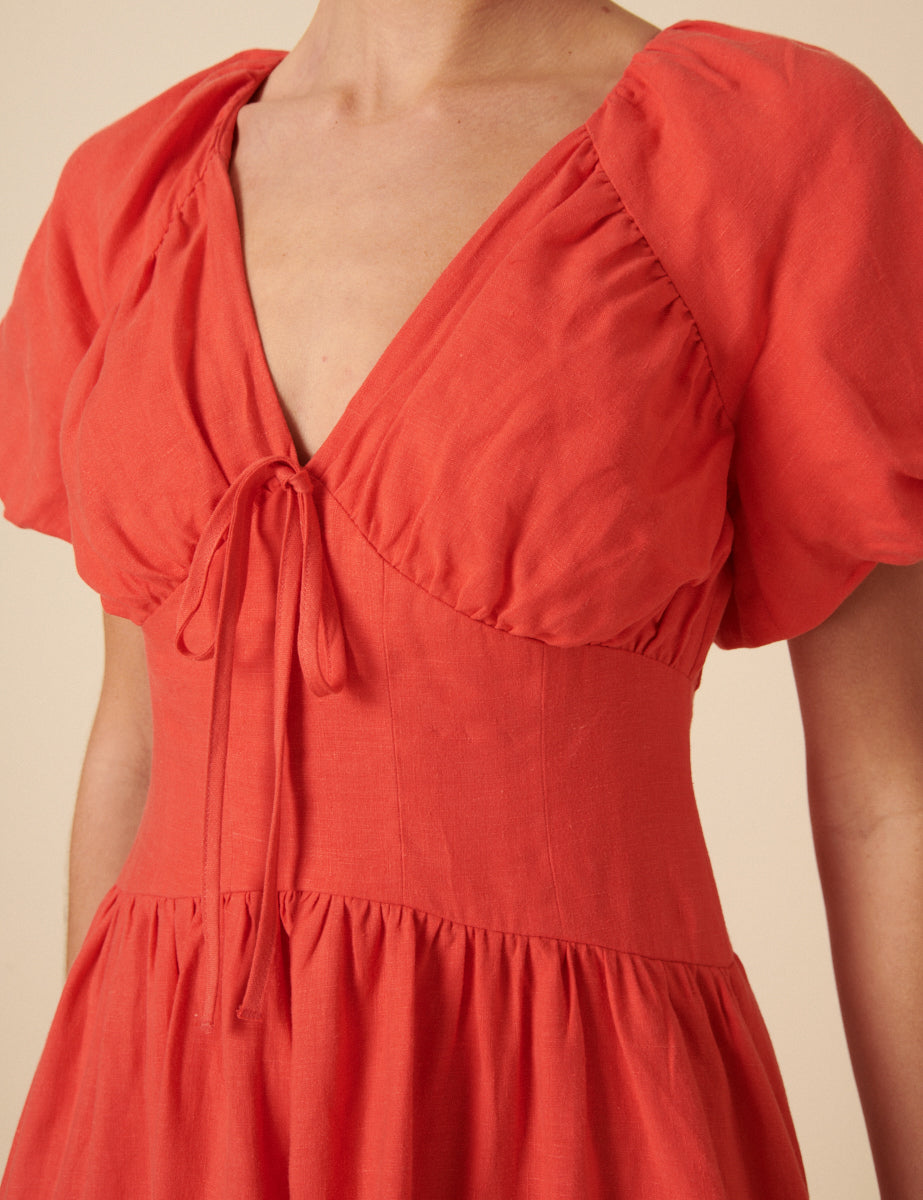 Red Linen Puff Sleeve Tiana Midi Dress