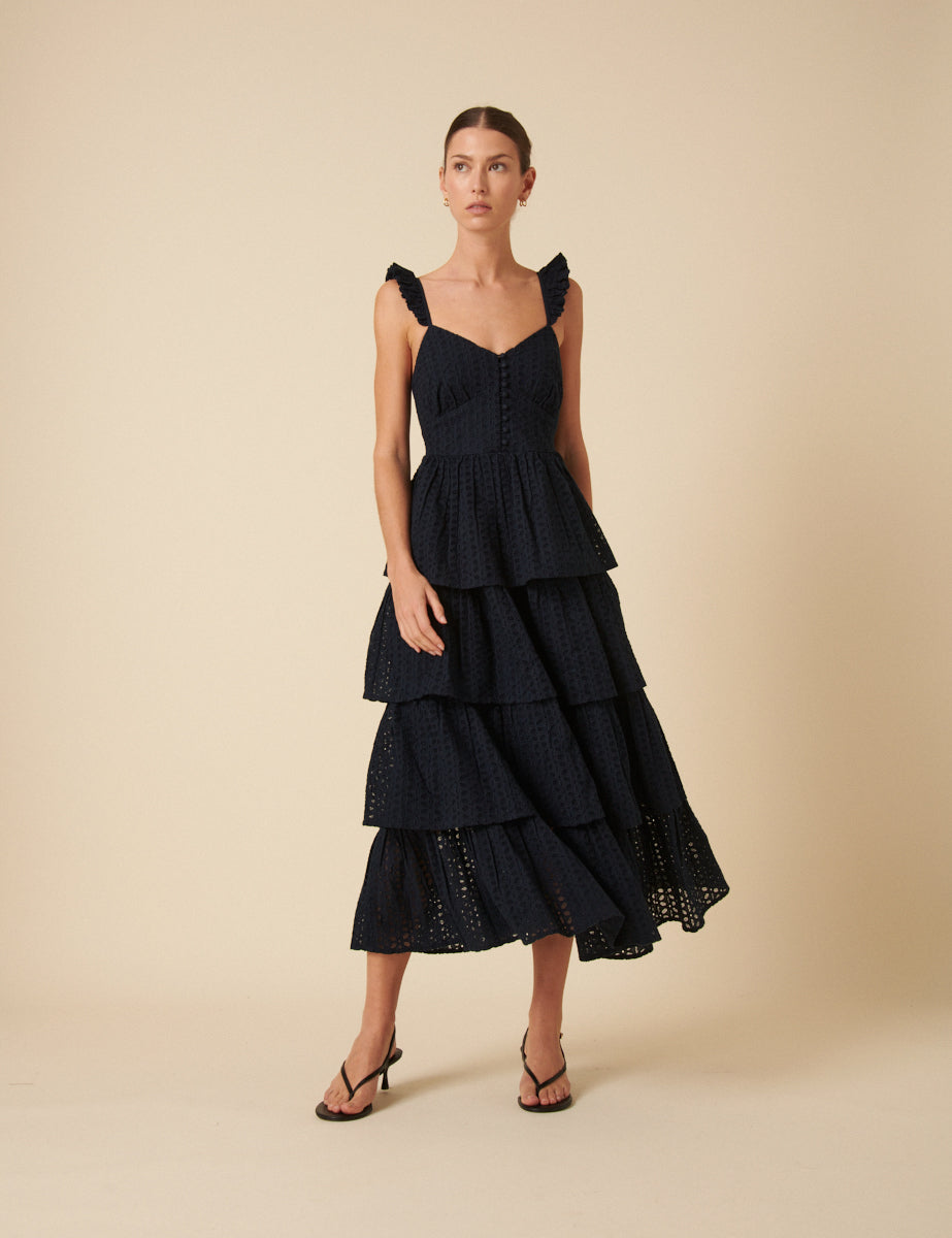 Navy Broderie Anglaise Tiered Rhys Midi Dress