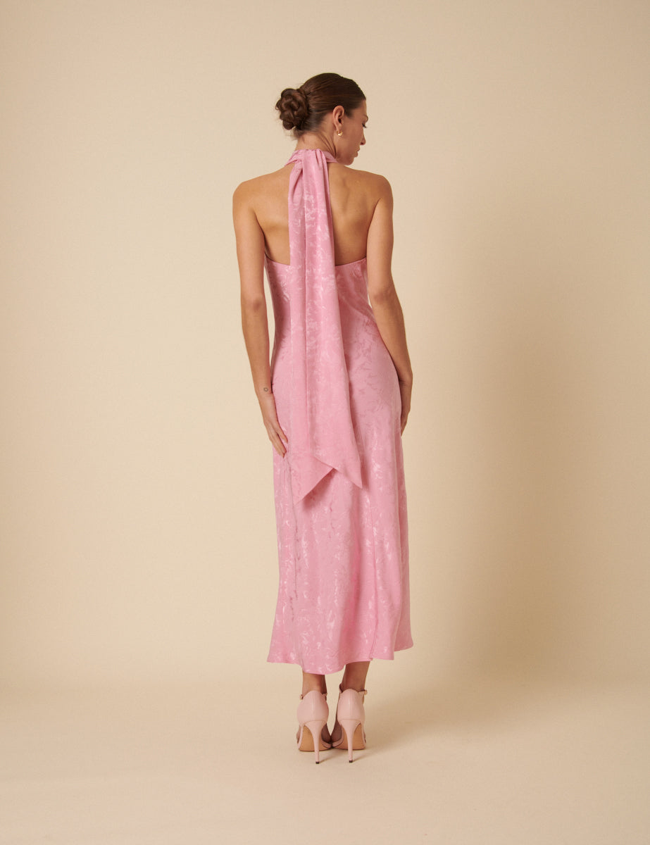Pink Floral Satin Jacquard Tie Neck Fifi Midi Dress