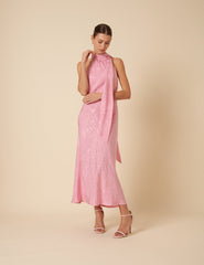 Pink Floral Satin Jacquard Tie Neck Fifi Midi Dress