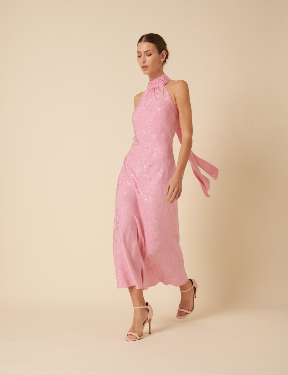 Pink Floral Satin Jacquard Tie Neck Fifi Midi Dress