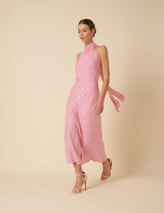 Pink Floral Satin Jacquard Tie Neck Fifi Midi Dress