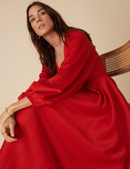 Red Balloon Sleeve Ace Maxi Dress