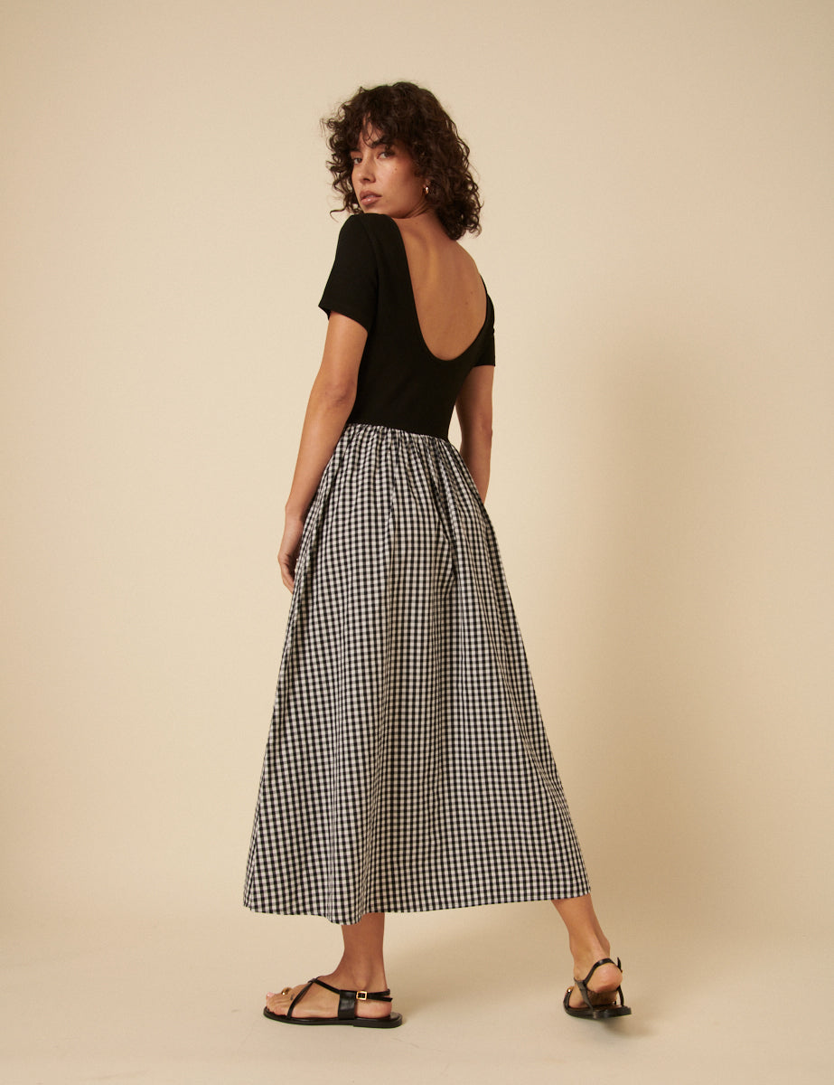 Black Gingham Short Sleeve A-line Sarah Midi Dress