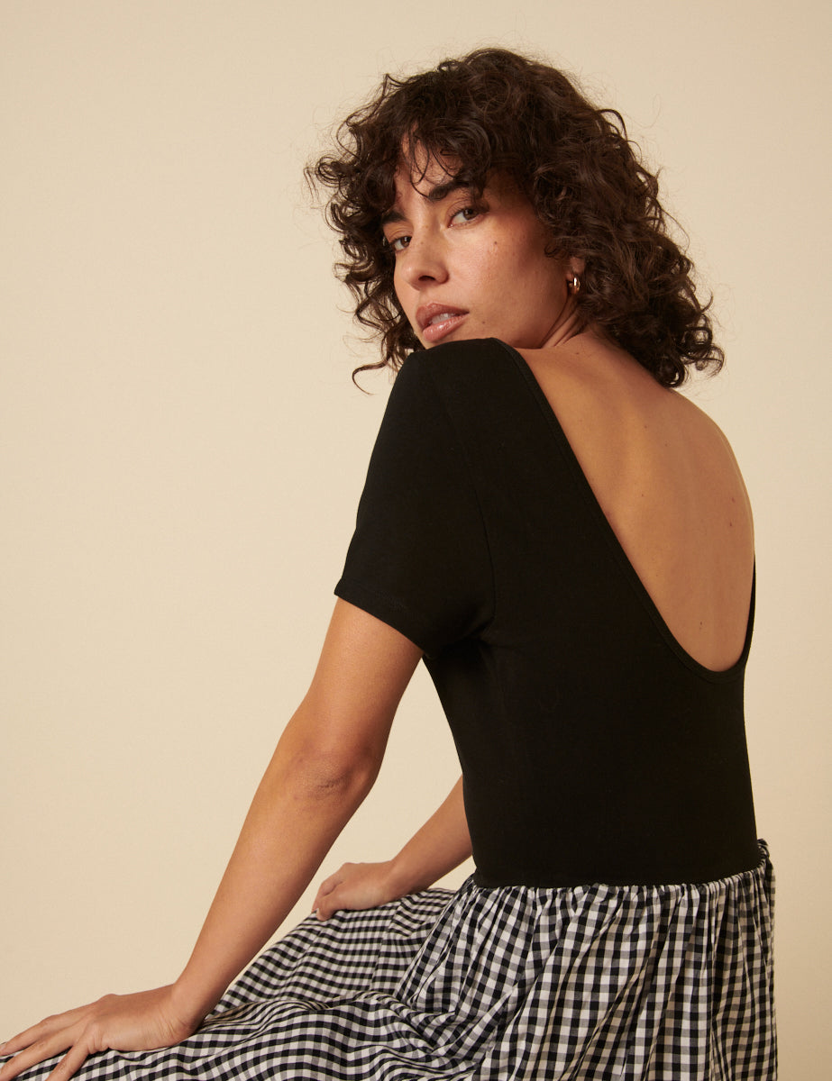 Black Gingham Short Sleeve A-line Sarah Midi Dress
