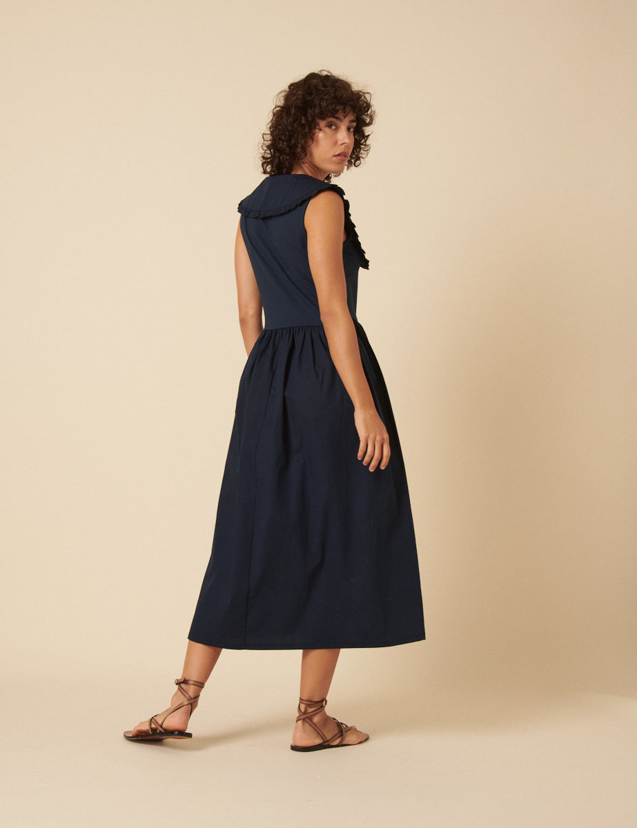Navy Collared A-line Midi Dress