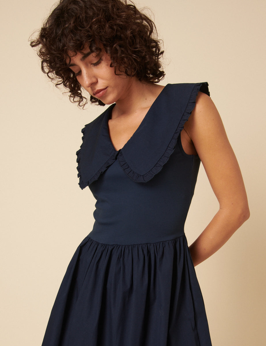 Navy Collared A-line Midi Dress