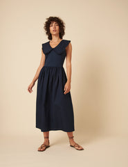 Navy Collared A-line Midi Dress