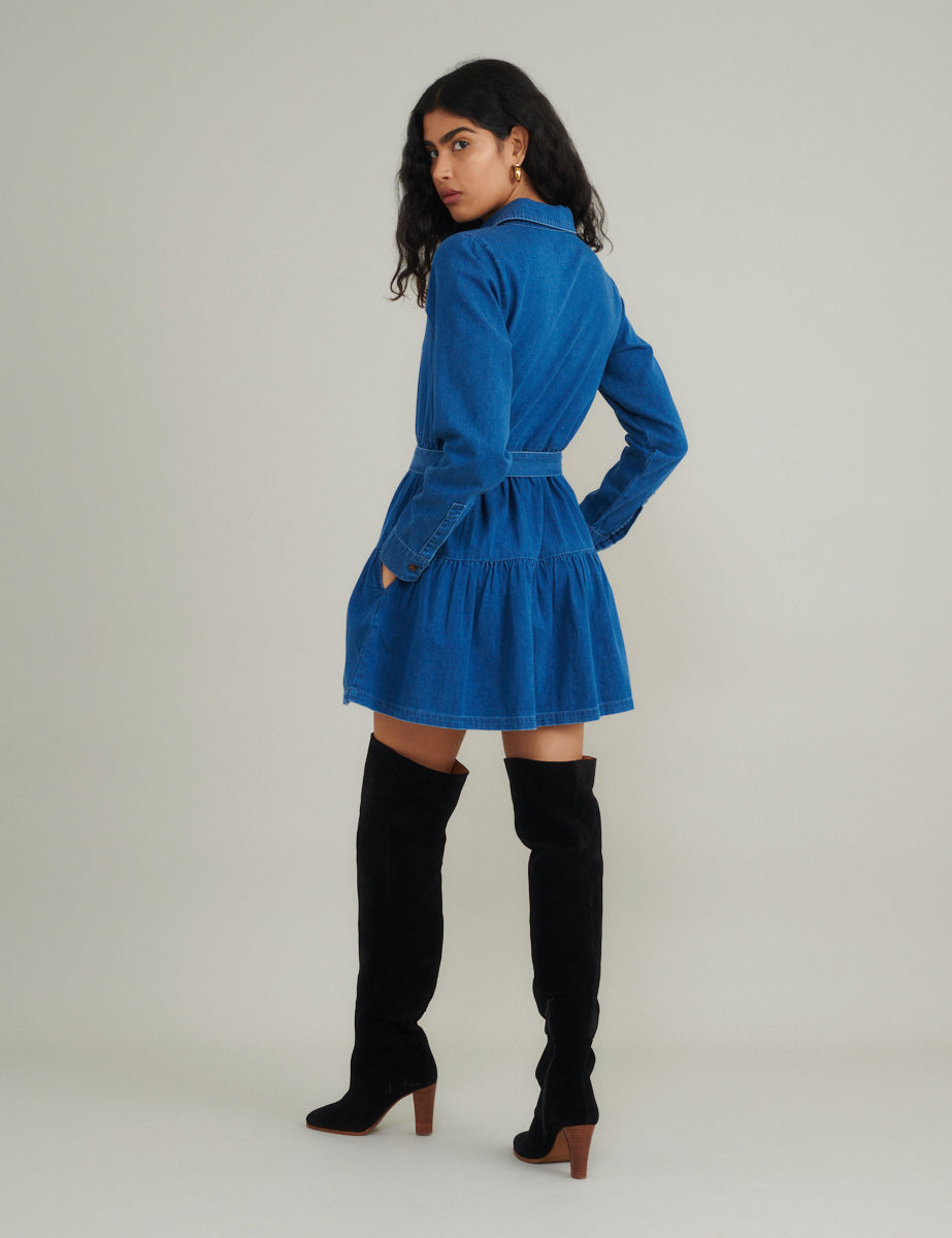Blue Denim Tie Waist Ester Mini Dress