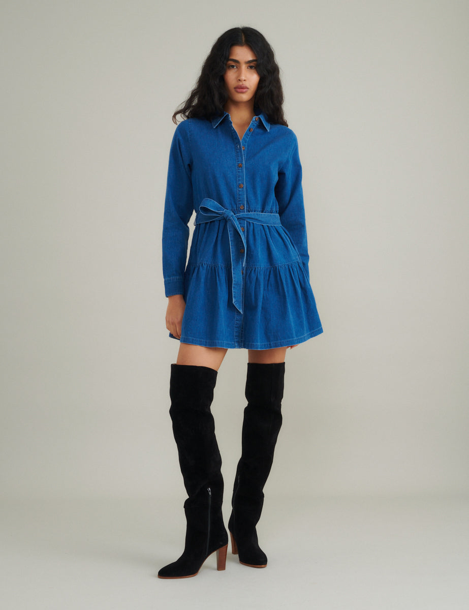 Blue Denim Tie Waist Ester Mini Dress