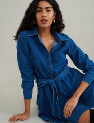 Blue Denim Tie Waist Ester Mini Dress
