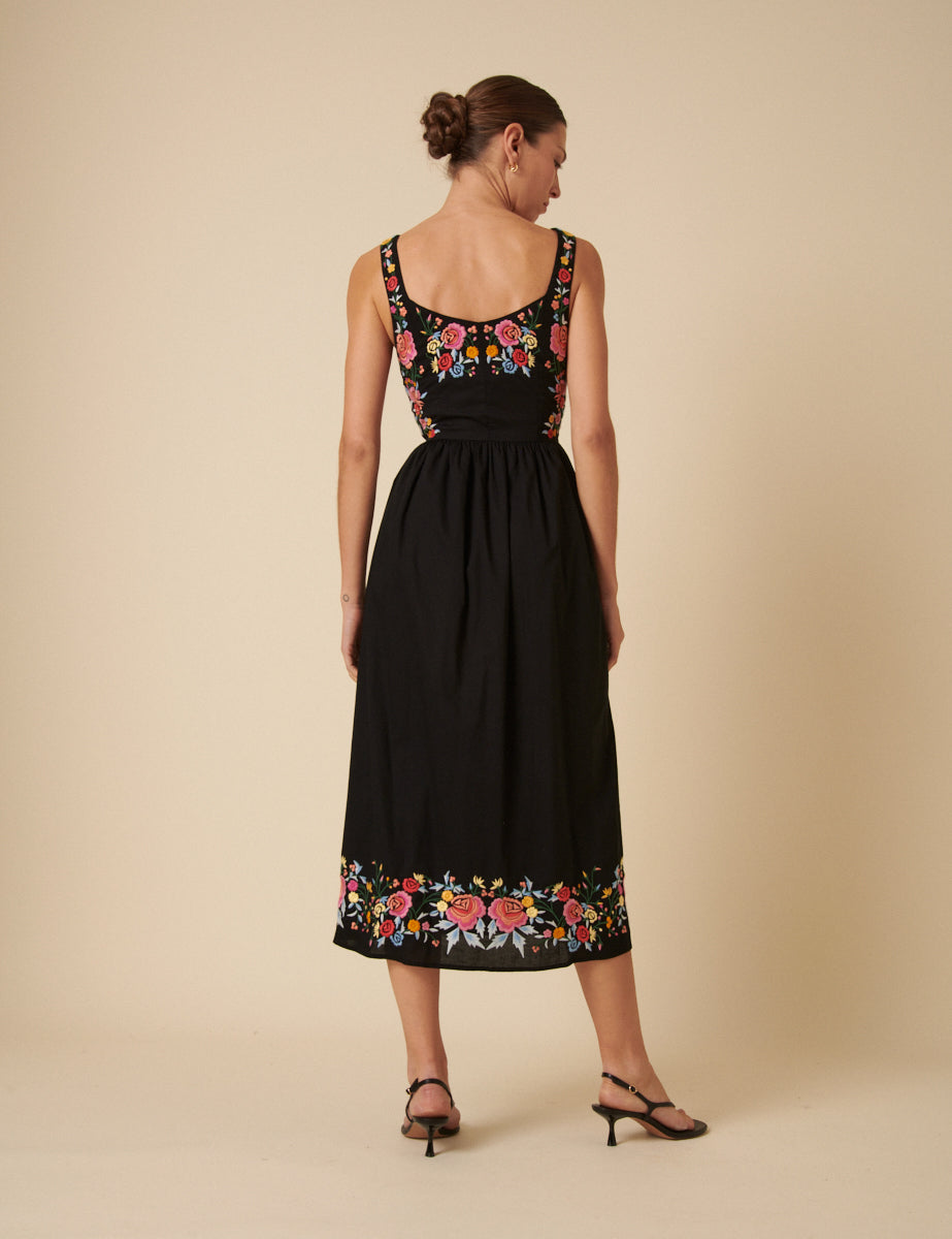 Black Floral Embroidered Serafina Midi Dress