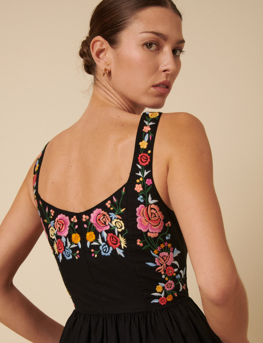 Black Floral Embroidered Serafina Midi Dress